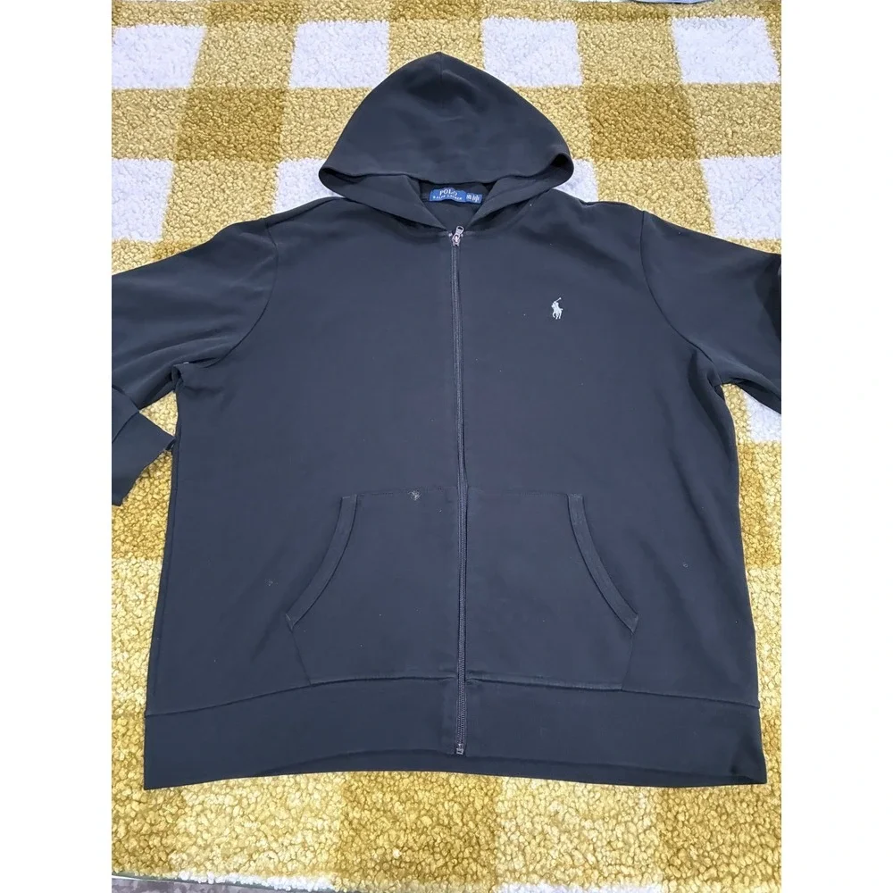 Polo Ralph Lauren Men XXL Black Double Knit Full Zip Hoodie Pony Logo Sweatshirt